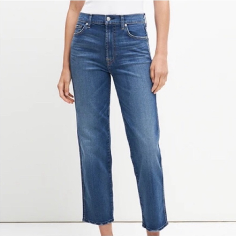 7 For All Mankind High-Rise Straight Jeans in Medium Blue